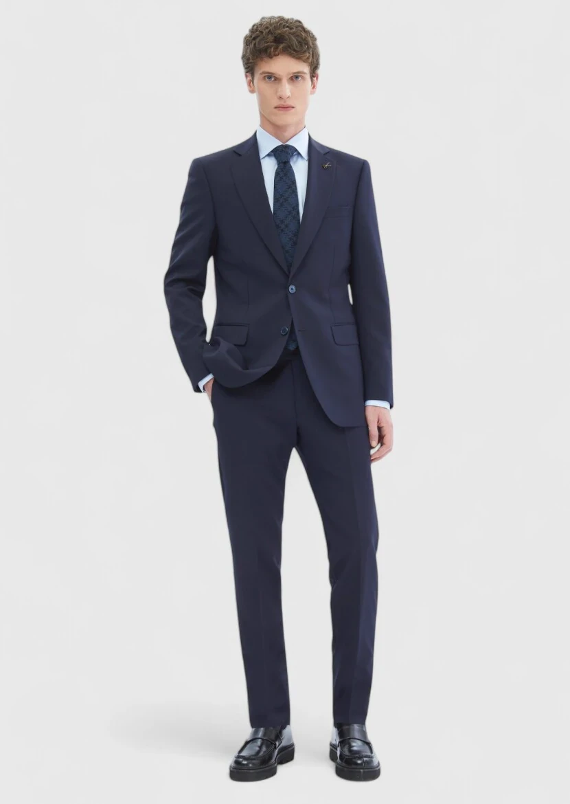 Navy Blue Plain Thin&Taller Slim Fit 100% Wool Suit - RAMSEY