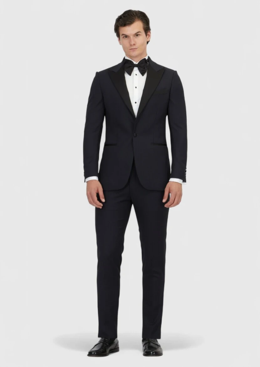 Navy Blue Plain Thin&Taller Slim Fit Double Breasted Collar Weaving Tuxedo - RAMSEY
