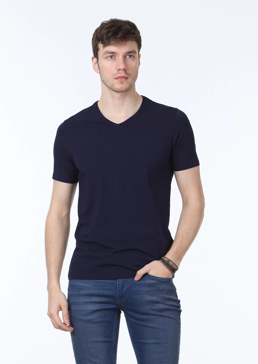 Navy Blue Plain V-Neck Cotton Blended T-Shirt - 1