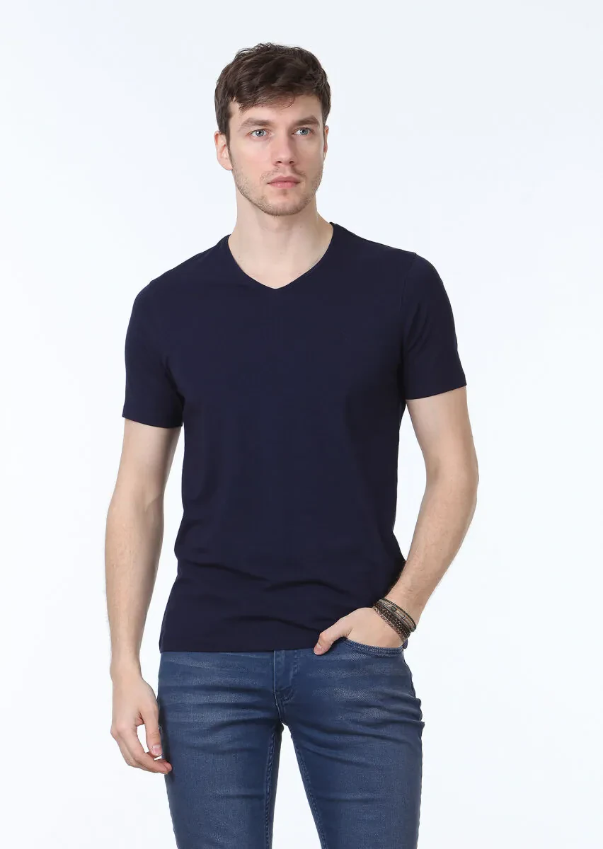 Navy Blue Plain V-Neck Cotton Blended T-Shirt - 1