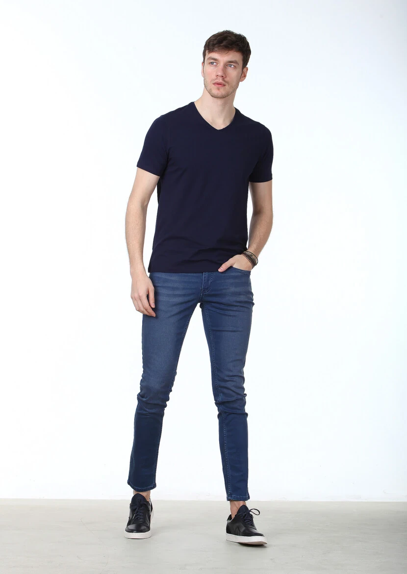 Navy Blue Plain V-Neck Cotton Blended T-Shirt - 2