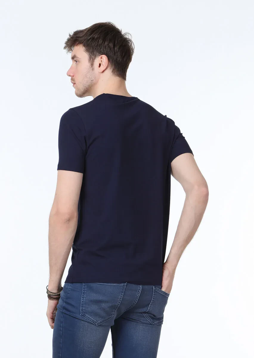 Navy Blue Plain V-Neck Cotton Blended T-Shirt - 4