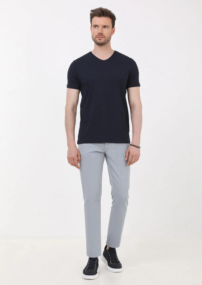 Navy Blue Plain V-Neck Cotton Blended T-Shirt - 3