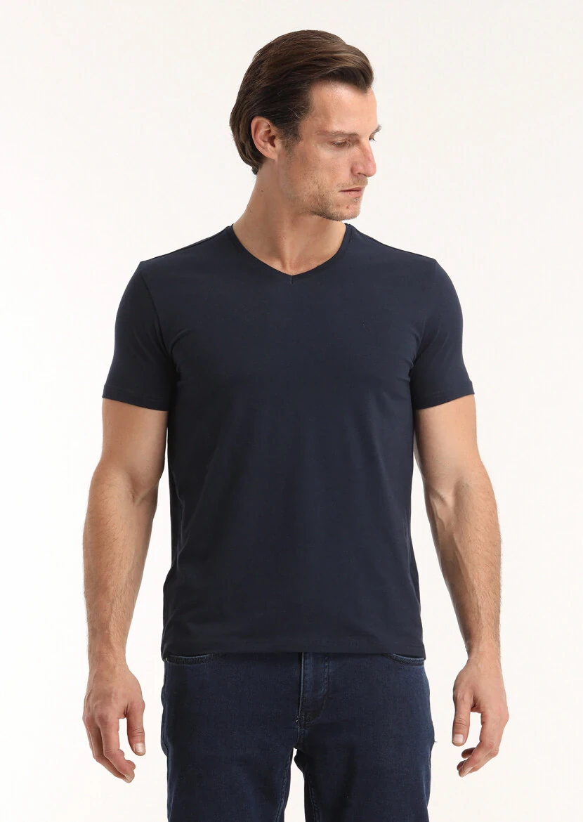 Navy Blue Plain V-Neck Cotton Blended T-Shirt 