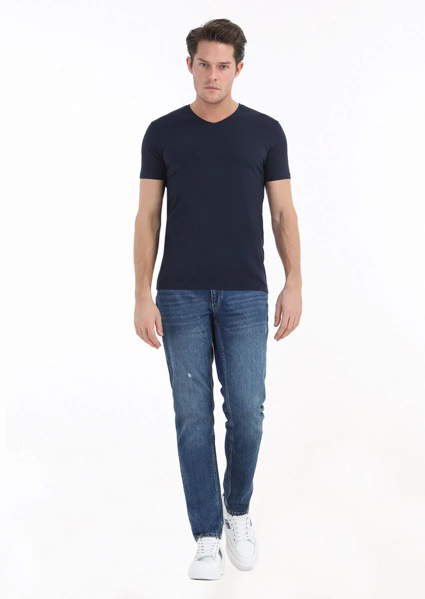 Navy Blue Plain V-Neck Cotton Blended T-Shirt - 1