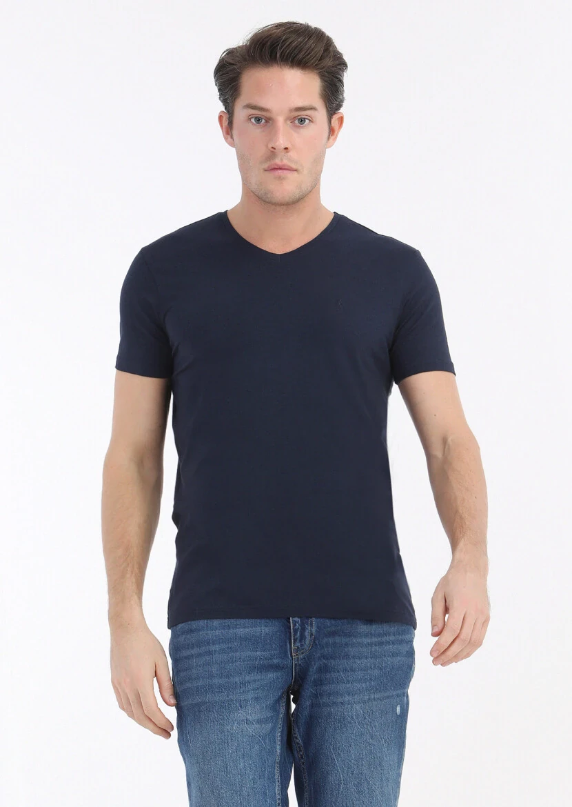 Navy Blue Plain V-Neck Cotton Blended T-Shirt - RAMSEY