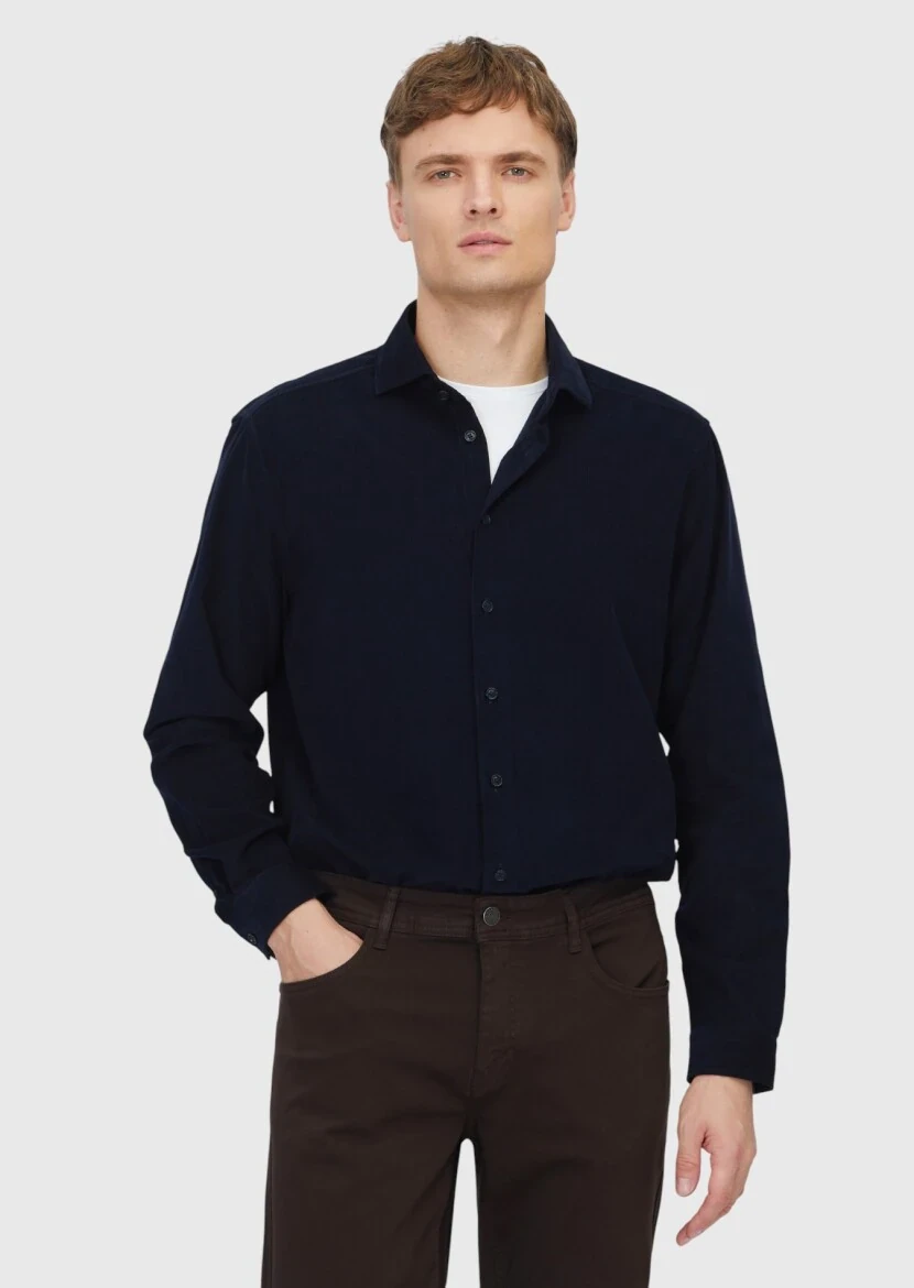 Navy Blue Plain Weaving Casual 100% Cotton Shirt - RAMSEY