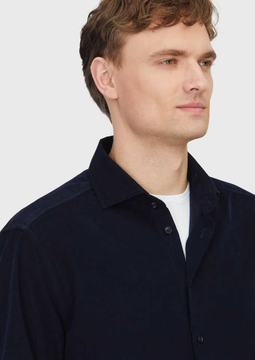 Navy Blue Plain Weaving Casual 100% Cotton Shirt - 3