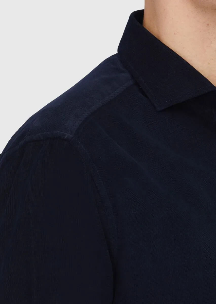 Navy Blue Plain Weaving Casual 100% Cotton Shirt - 4