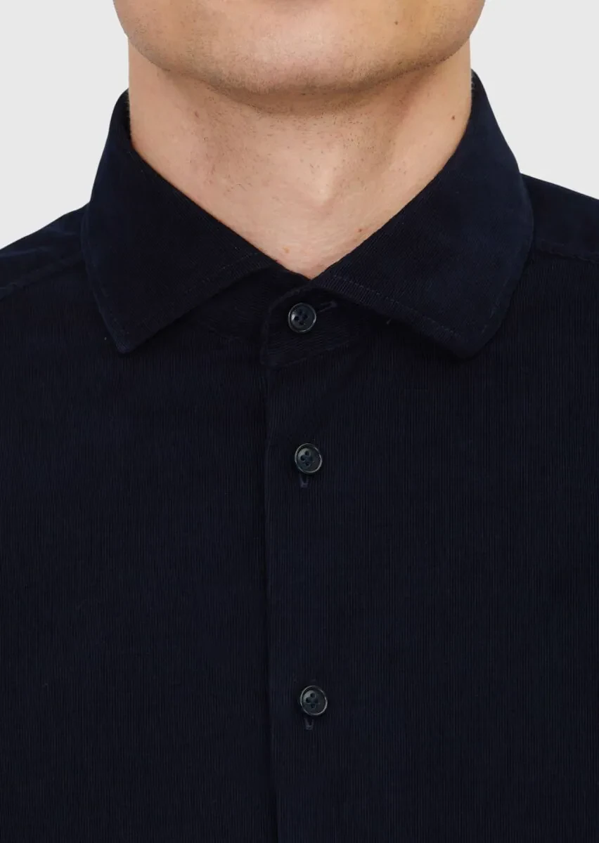 Navy Blue Plain Weaving Casual 100% Cotton Shirt - 5