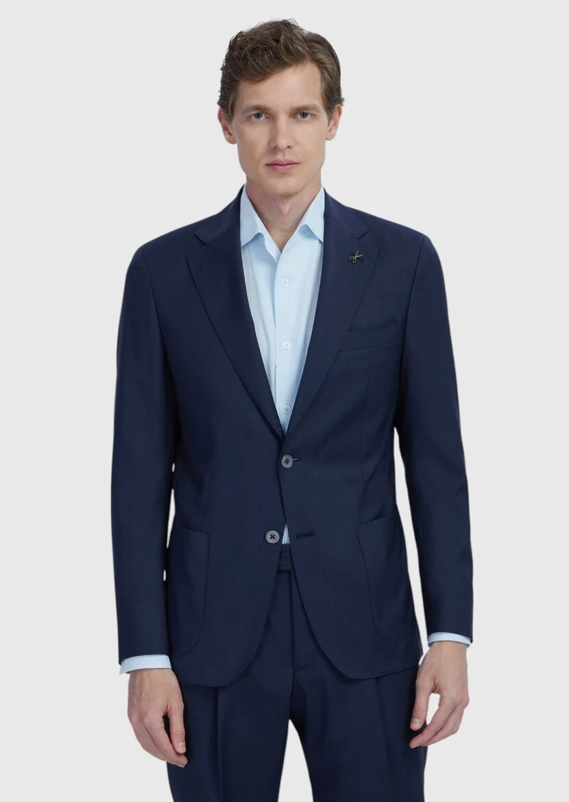 Navy Blue Plain Zeroweight Slim Fit 100% Wool Jacket - RAMSEY