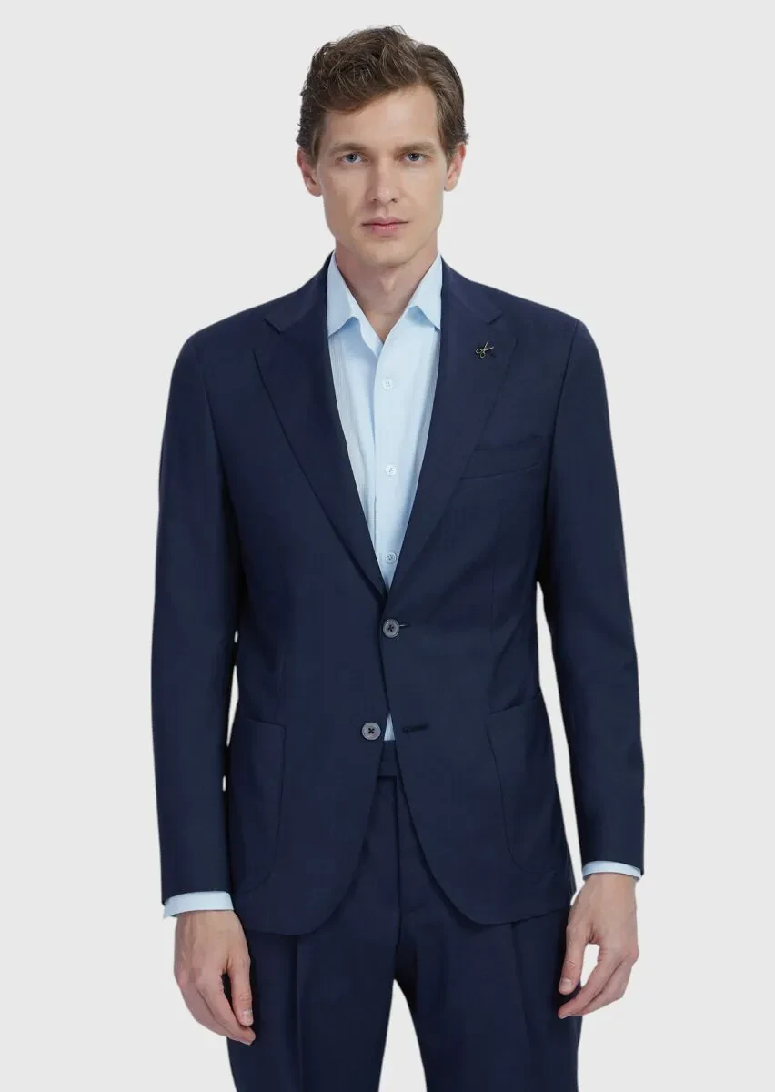 Navy Blue Plain Zeroweight Slim Fit 100% Wool Jacket - 1