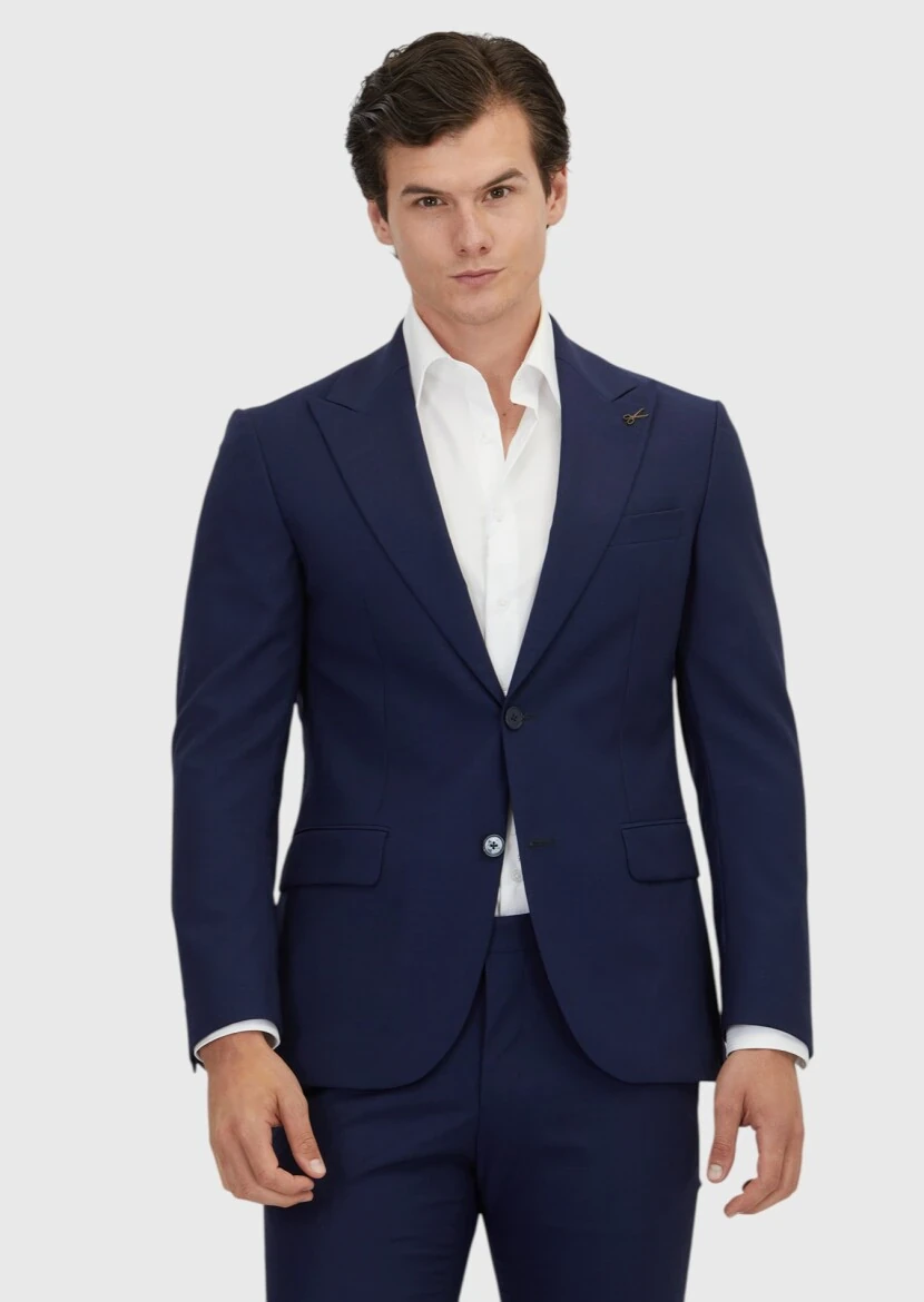 Navy Blue Plain Zeroweight Slim Fit 100% Wool Suit - 1