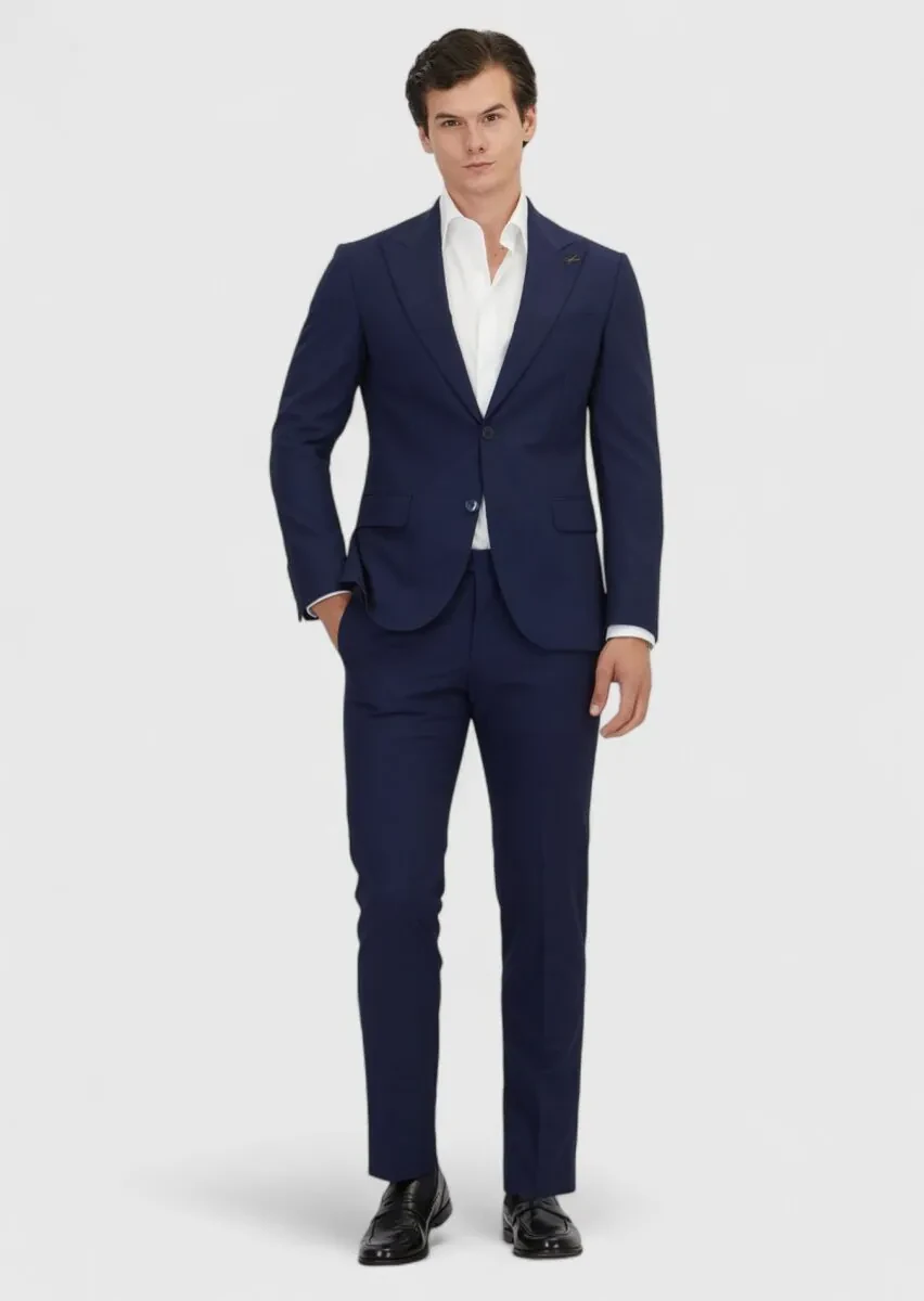 Navy Blue Plain Zeroweight Slim Fit 100% Wool Suit - 2