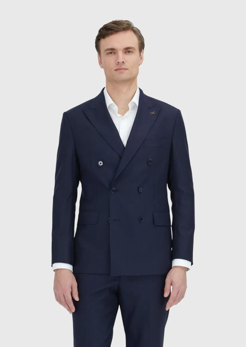 Navy Blue Plain Zeroweight Slim Fit 100% Wool Suit - 2