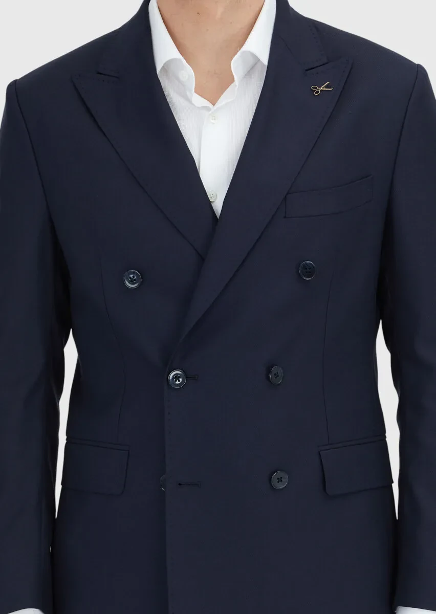 Navy Blue Plain Zeroweight Slim Fit 100% Wool Suit - 3