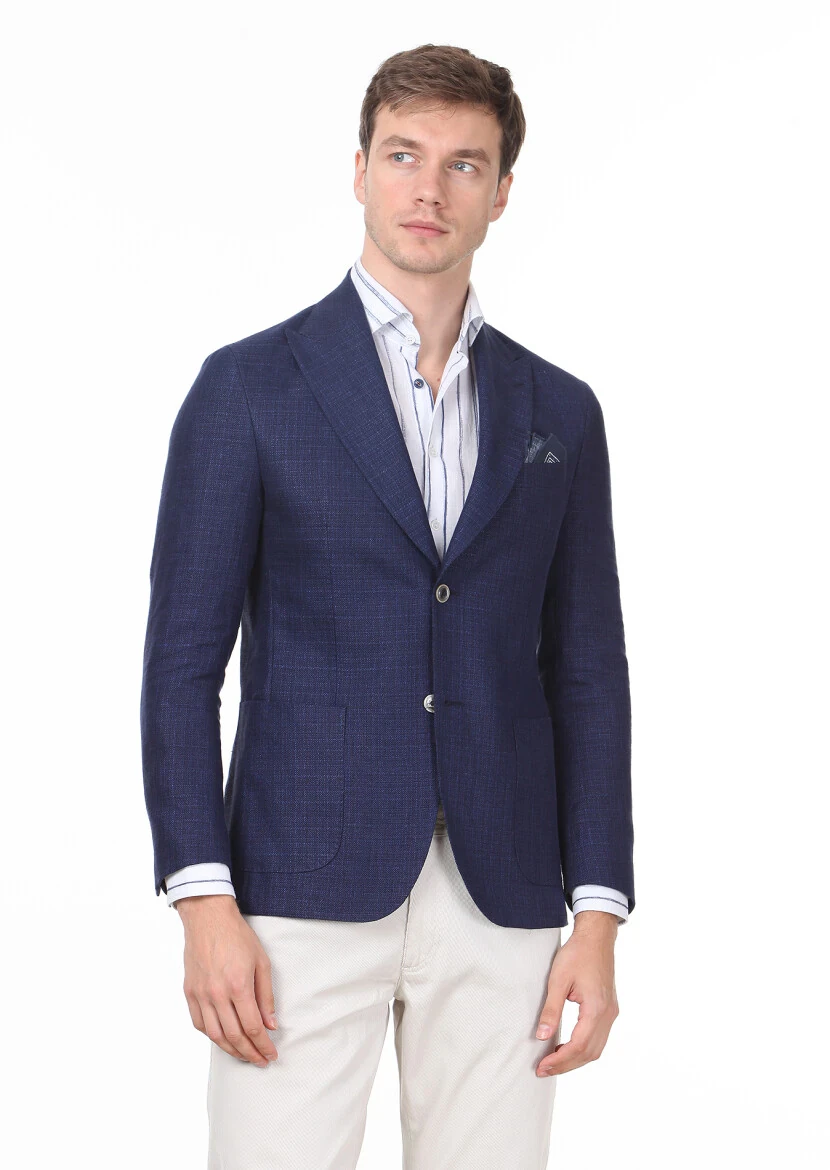 Navy Blue Plain Zeroweight Slim Fit Cotton Blended Jacket - 2