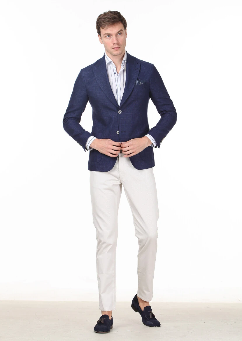 Navy Blue Plain Zeroweight Slim Fit Cotton Blended Jacket - 3