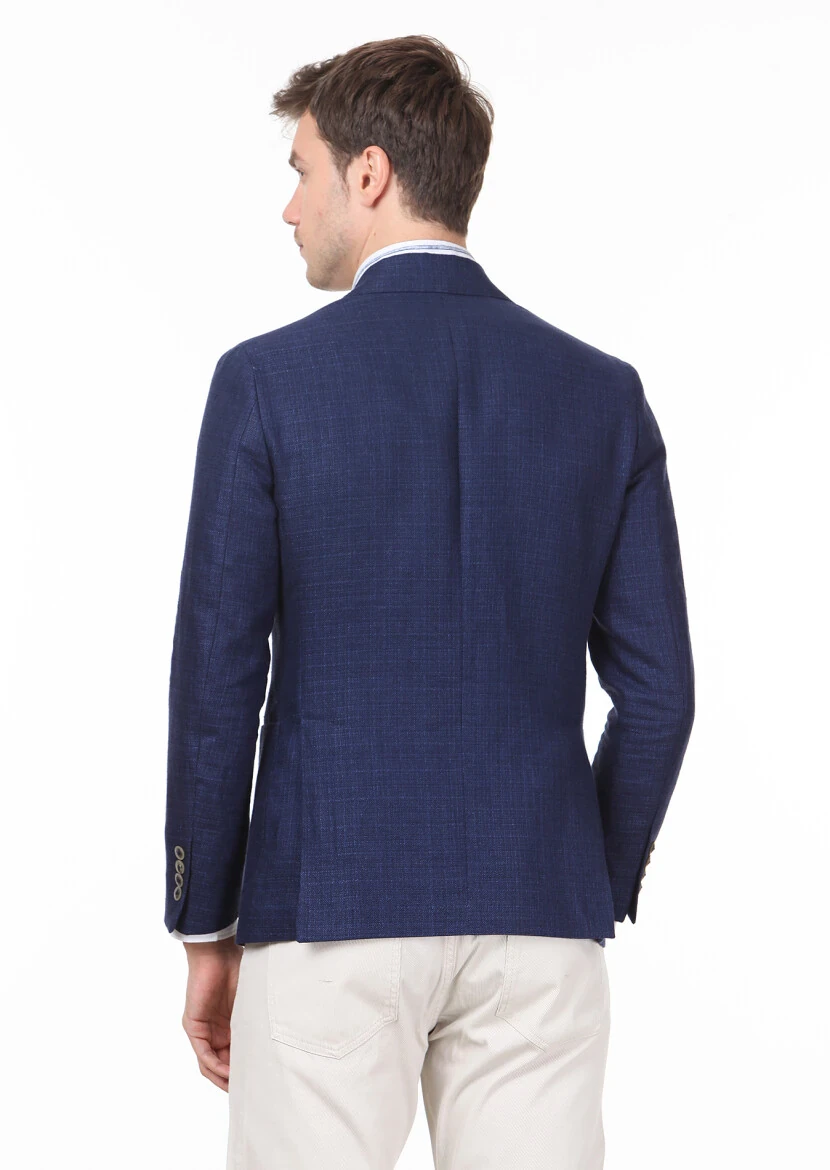 Navy Blue Plain Zeroweight Slim Fit Cotton Blended Jacket - 4