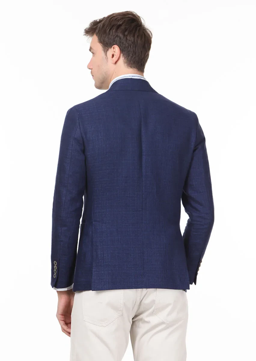 Navy Blue Plain Zeroweight Slim Fit Cotton Blended Jacket - 4