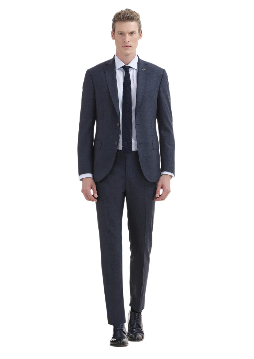 Navy Blue Plain Zeroweight Slim Fit Wool Blended Suit - 1