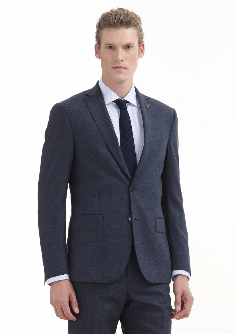 Navy Blue Plain Zeroweight Slim Fit Wool Blended Suit - 2