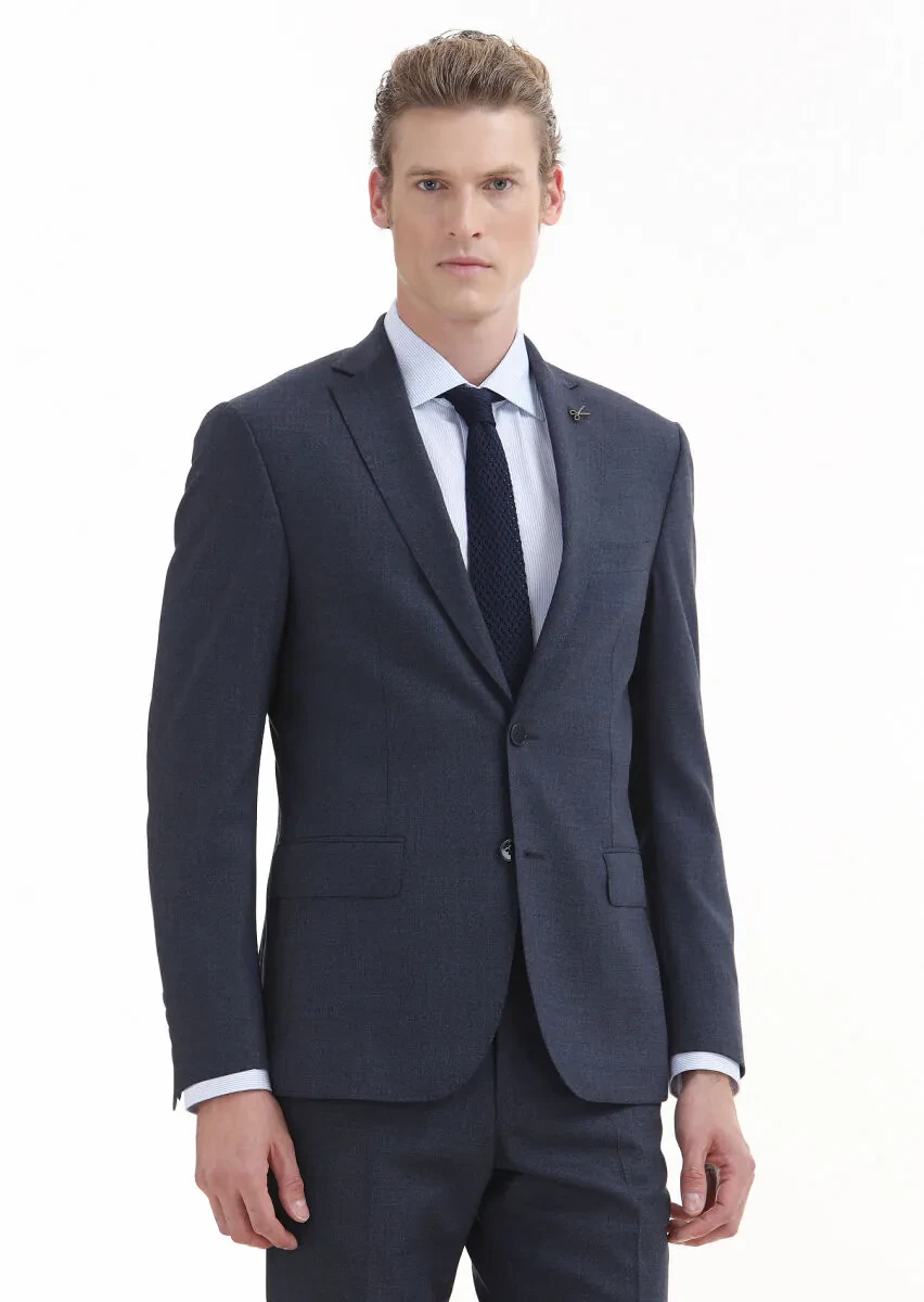 Navy Blue Plain Zeroweight Slim Fit Wool Blended Suit - 2