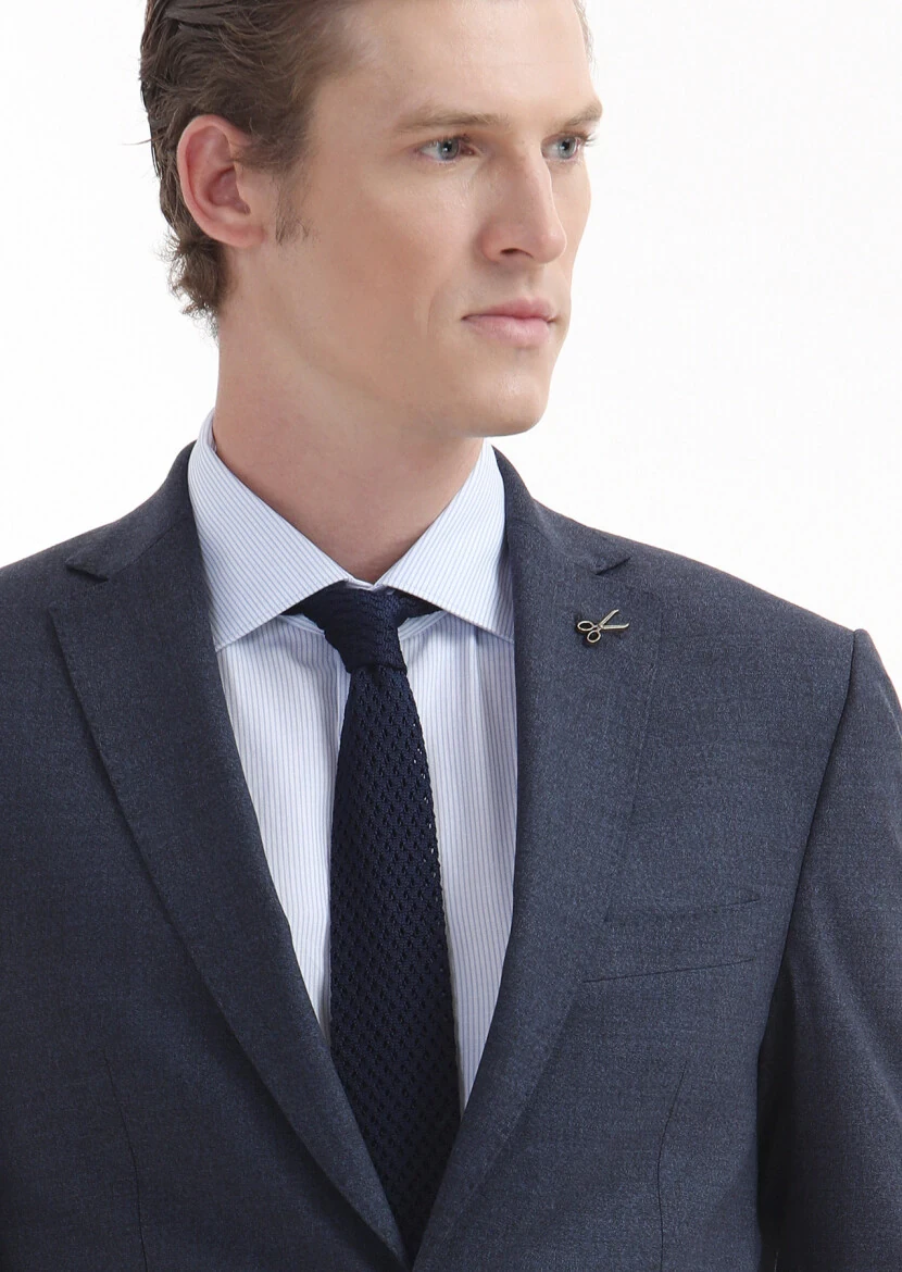 Navy Blue Plain Zeroweight Slim Fit Wool Blended Suit - 3