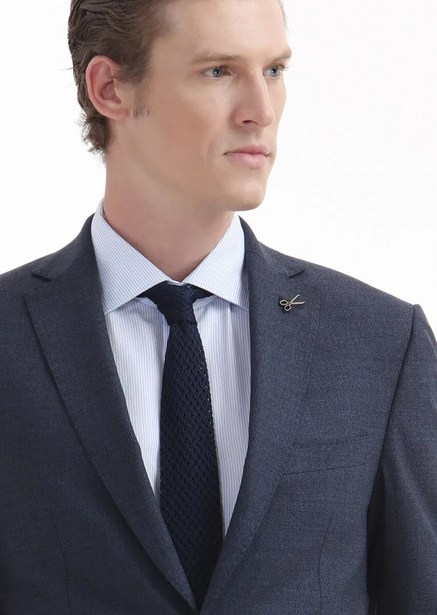 Navy Blue Plain Zeroweight Slim Fit Wool Blended Suit - 3