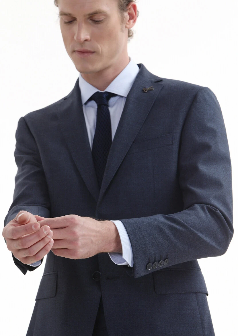 Navy Blue Plain Zeroweight Slim Fit Wool Blended Suit - 4