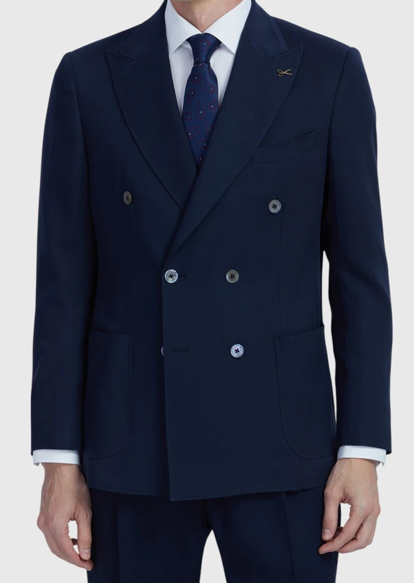 Navy Blue Plain Zeroweight Slim Fit Wool Blended Suit - 5
