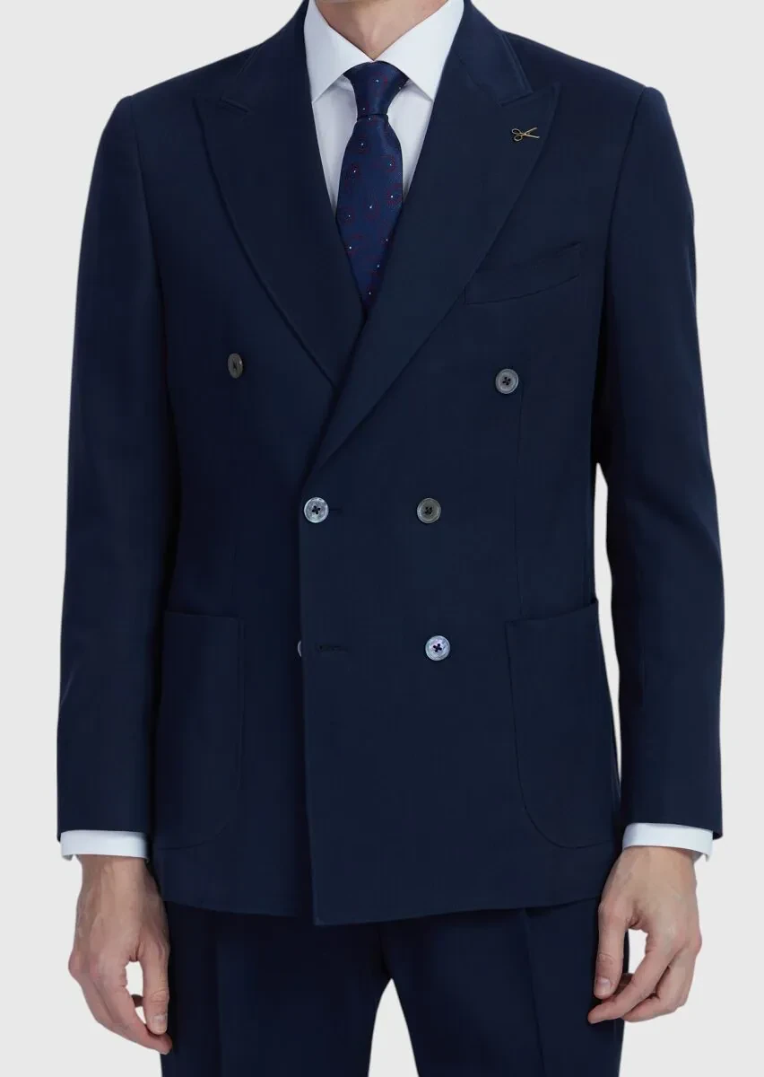 Navy Blue Plain Zeroweight Slim Fit Wool Blended Suit - 5