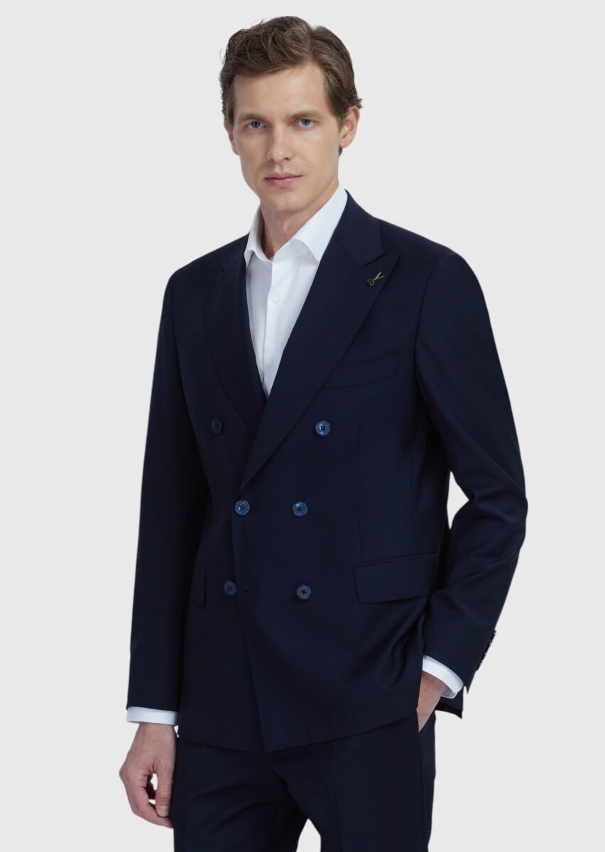 Navy Blue Plain Zeroweight Slim Fit Wool Blended Suit - 1