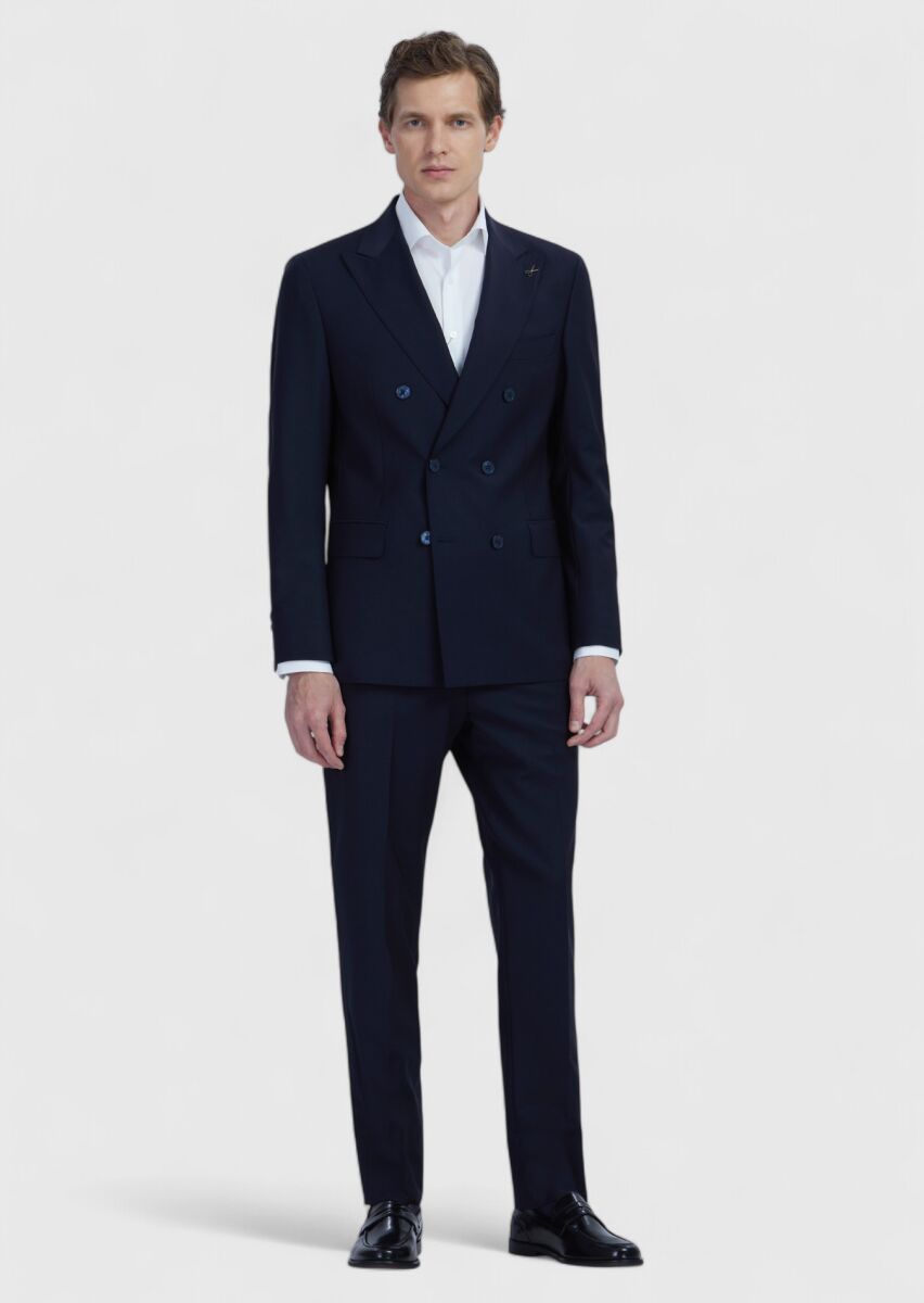 Navy Blue Plain Zeroweight Slim Fit Wool Blended Suit - 2
