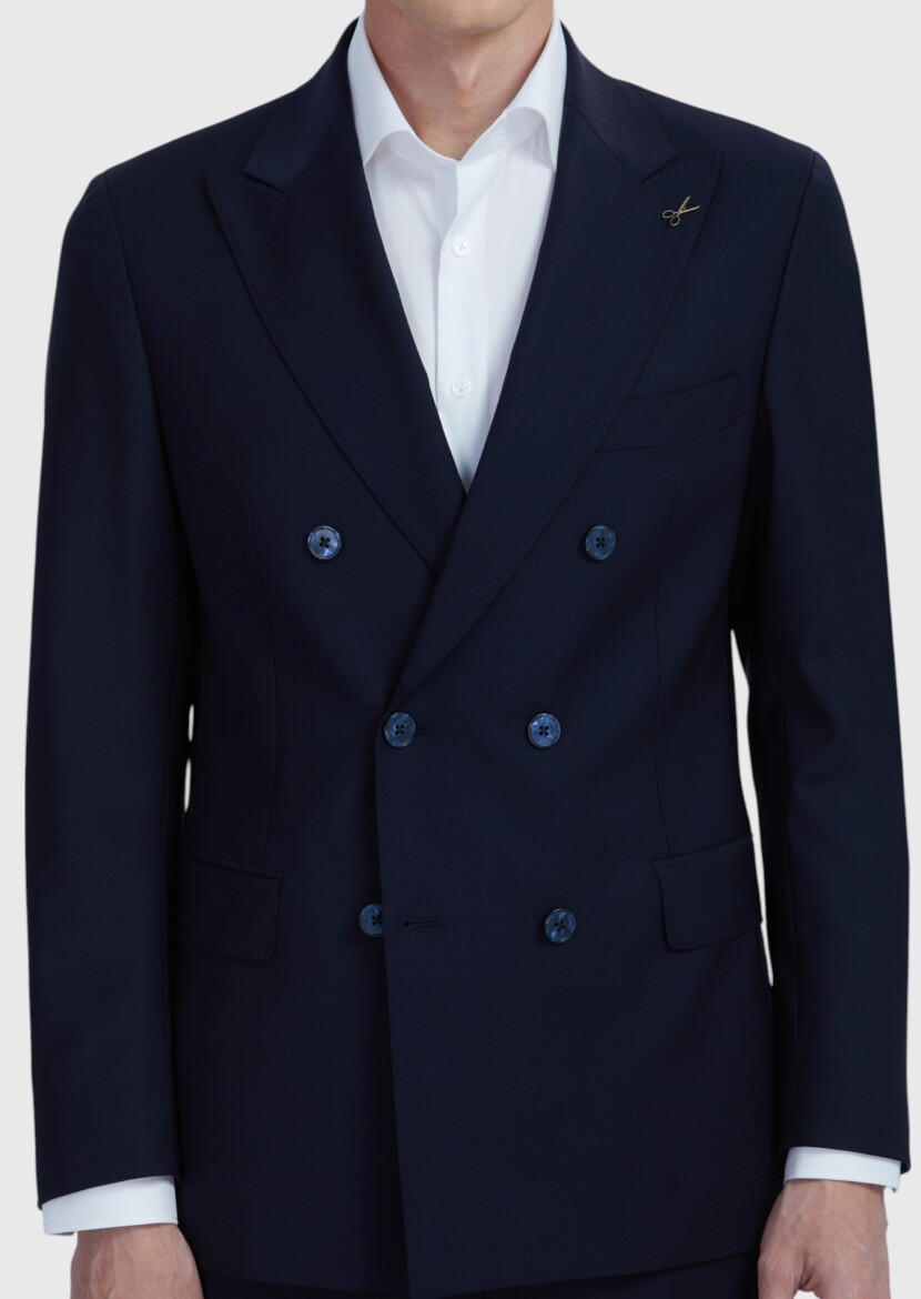 Navy Blue Plain Zeroweight Slim Fit Wool Blended Suit - 3