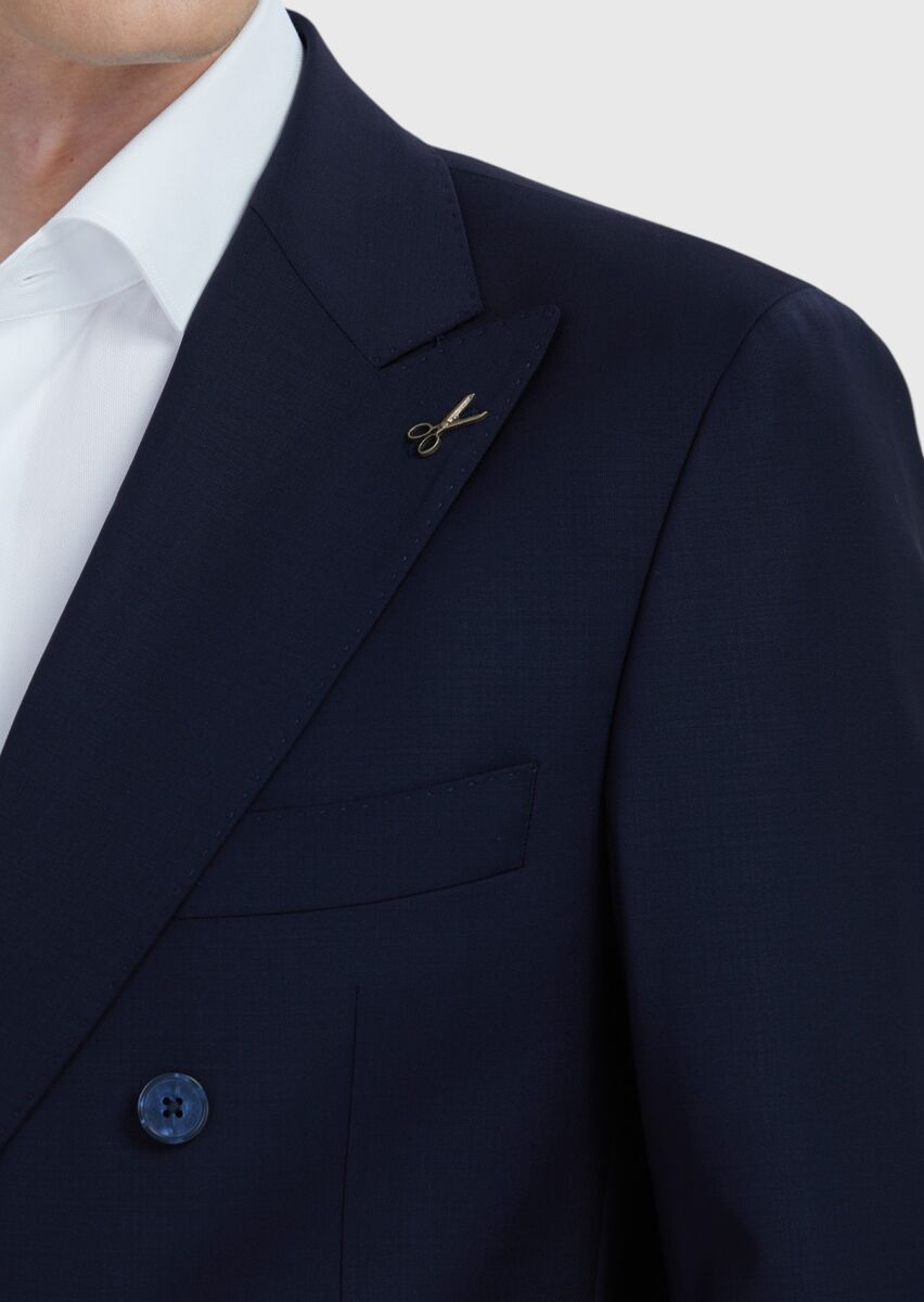 Navy Blue Plain Zeroweight Slim Fit Wool Blended Suit - 4