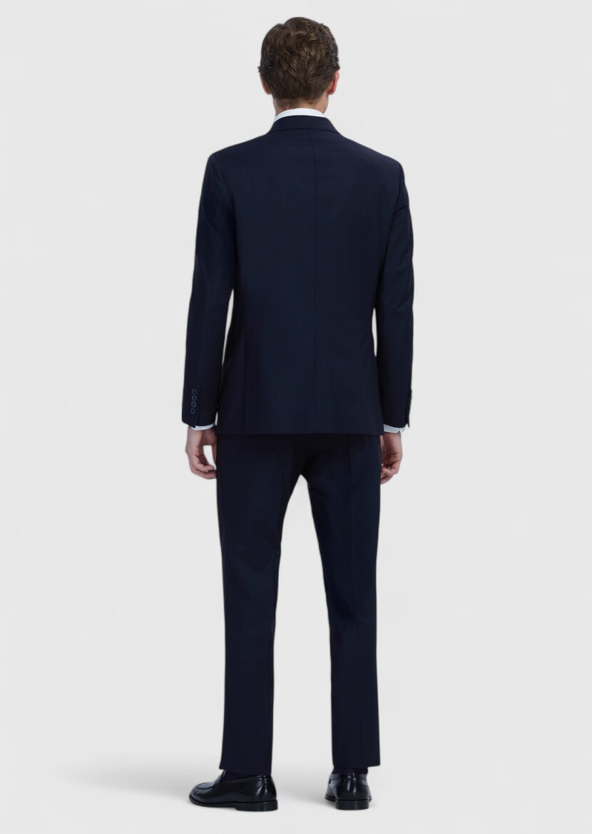 Navy Blue Plain Zeroweight Slim Fit Wool Blended Suit - 5
