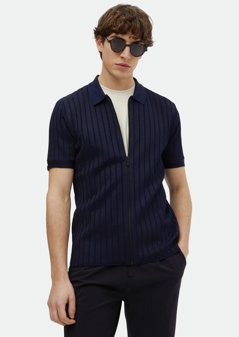 Navy Blue Polo Neck Jacquard Cardigan - RAMSEY