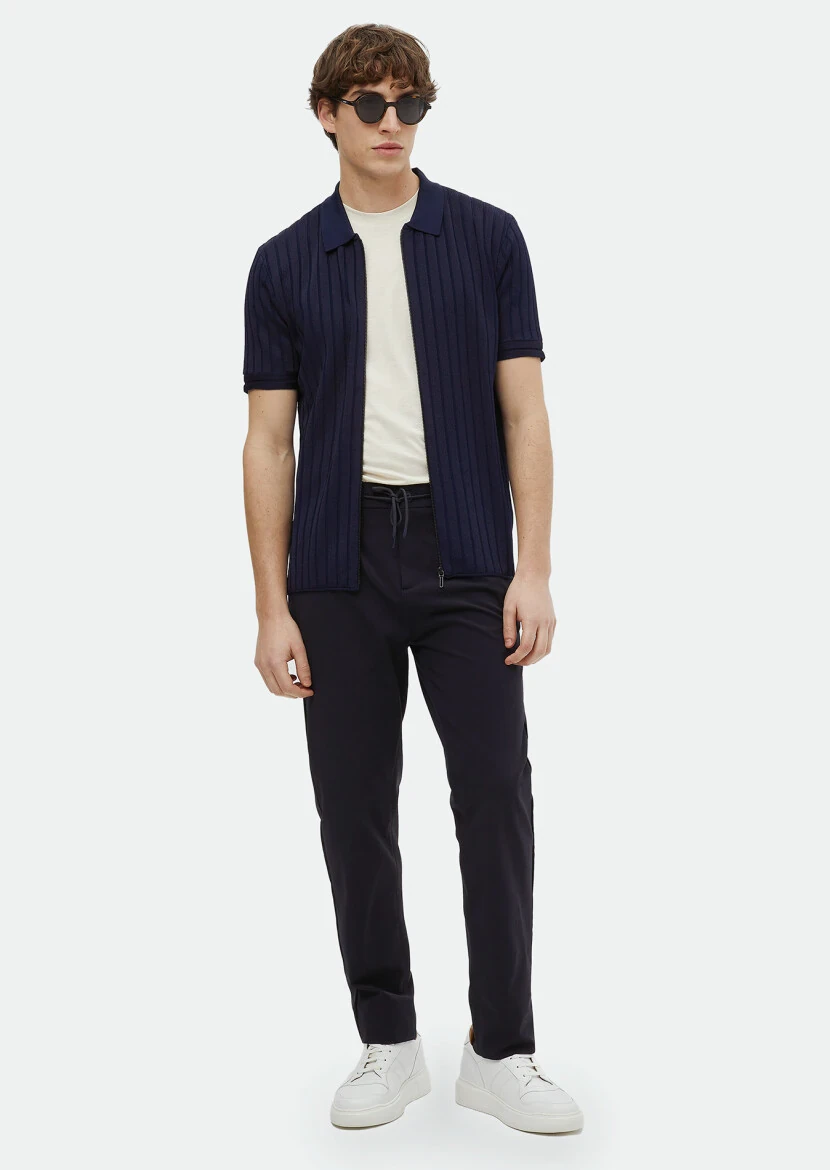 Navy Blue Polo Neck Jacquard Cardigan - RAMSEY