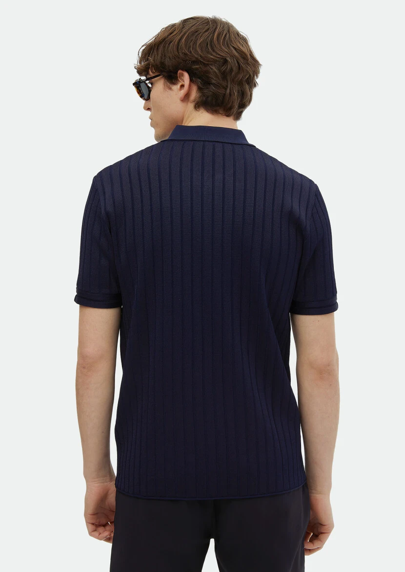 Navy Blue Polo Neck Jacquard Cardigan - 5