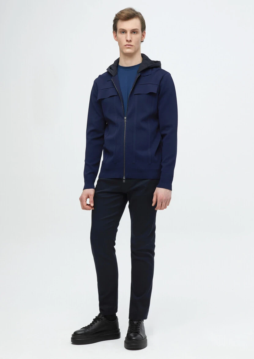 Navy Blue Polo Neck Plain Knitting Cardigan - RAMSEY