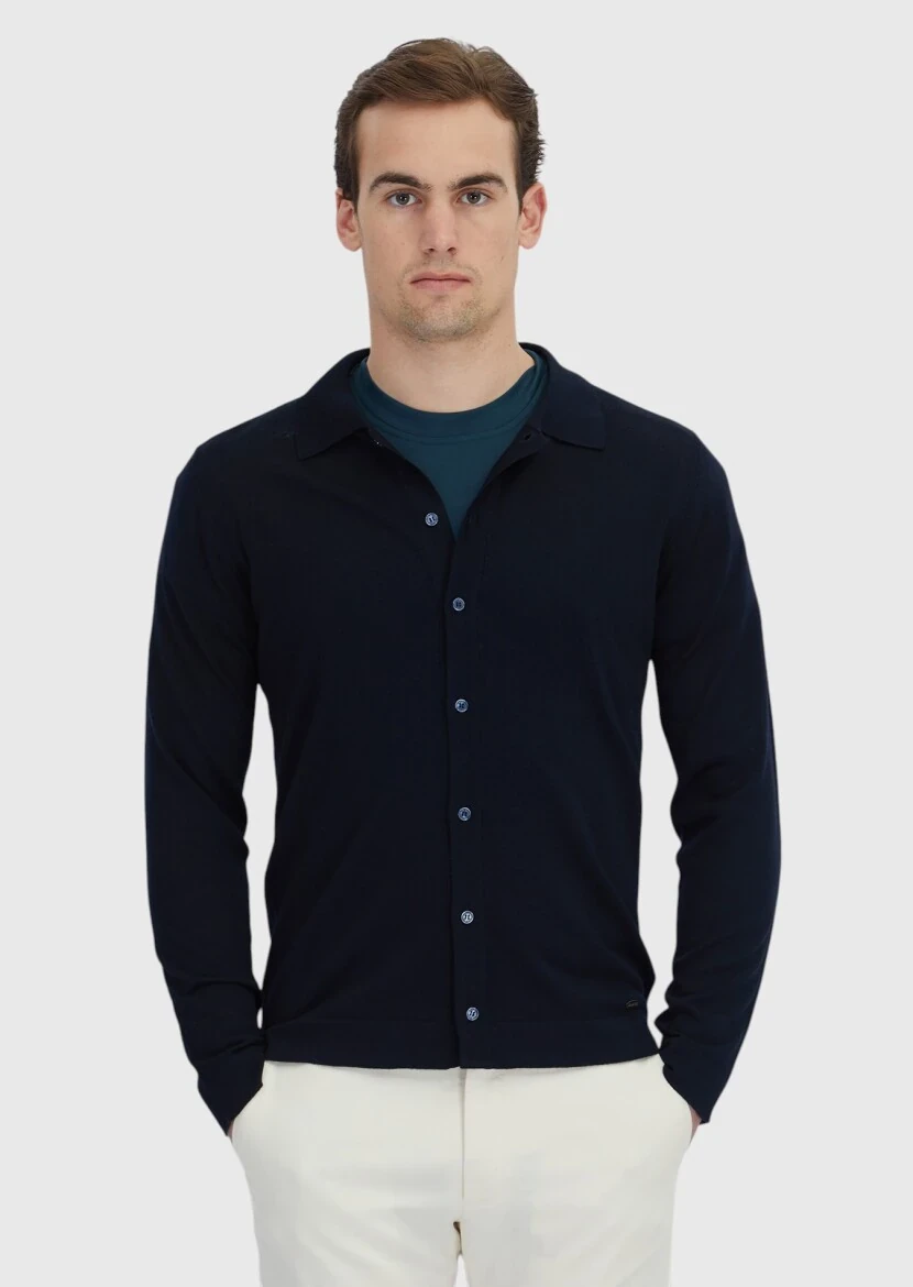 Navy Blue Polo Neck Plain Knitting Wool Blended Cardigan - RAMSEY