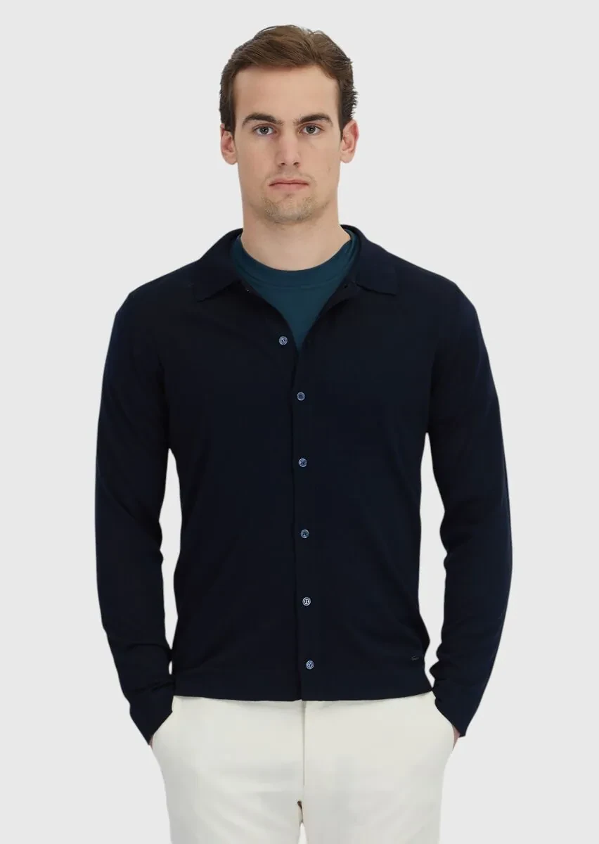 Navy Blue Polo Neck Plain Knitting Wool Blended Cardigan - 1