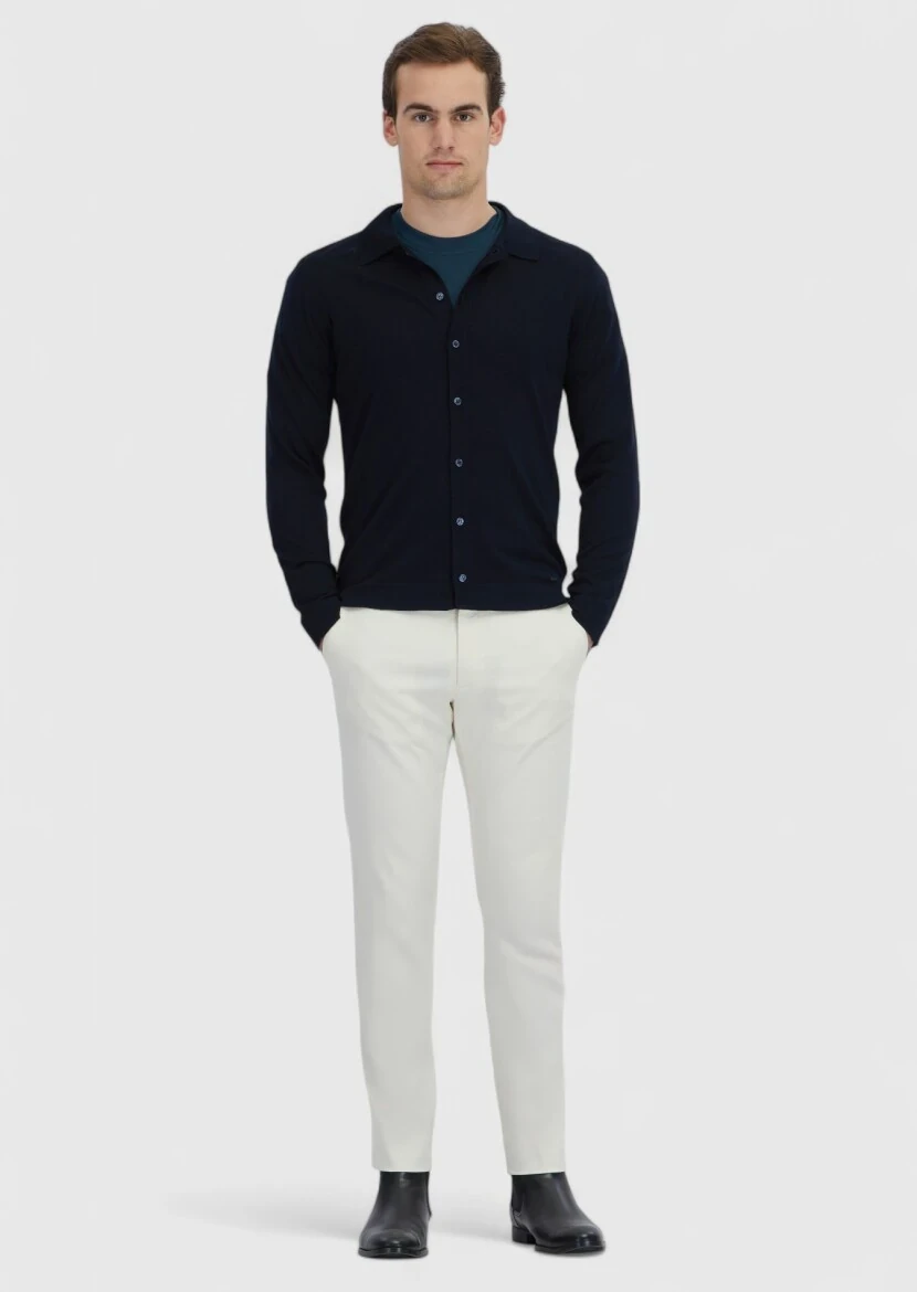 Navy Blue Polo Neck Plain Knitting Wool Blended Cardigan - RAMSEY