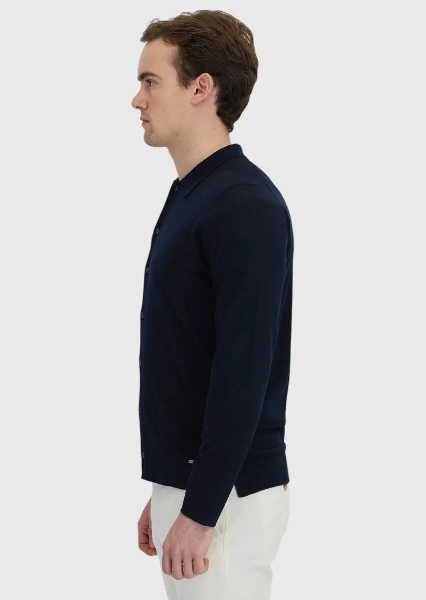 Navy Blue Polo Neck Plain Knitting Wool Blended Cardigan - 3