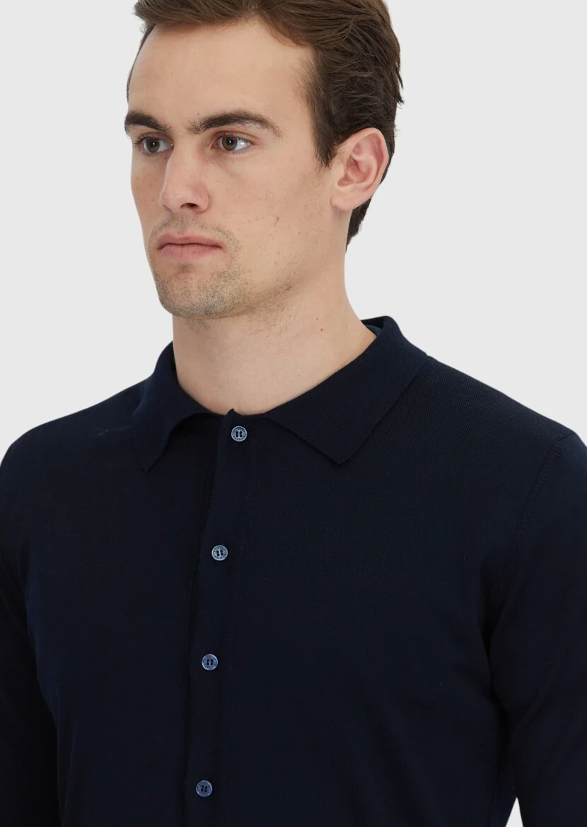 Navy Blue Polo Neck Plain Knitting Wool Blended Cardigan - 4