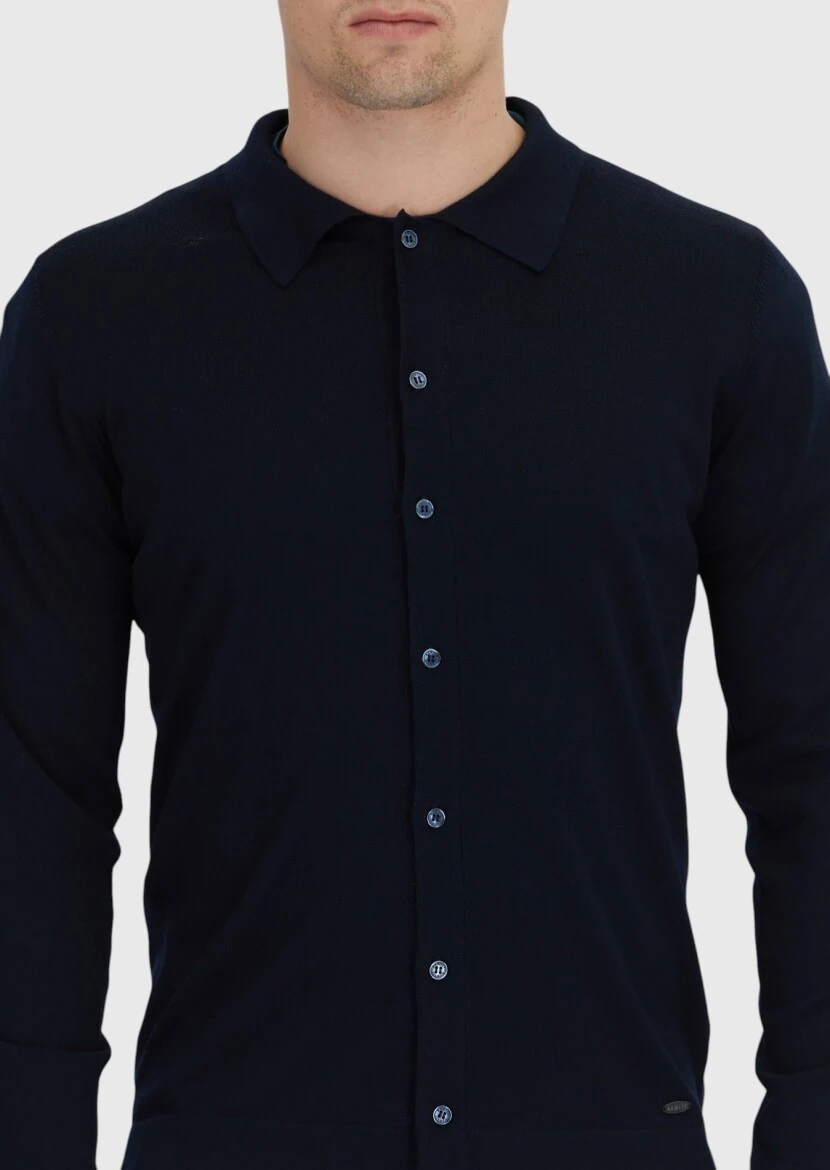 Navy Blue Polo Neck Plain Knitting Wool Blended Cardigan - 5