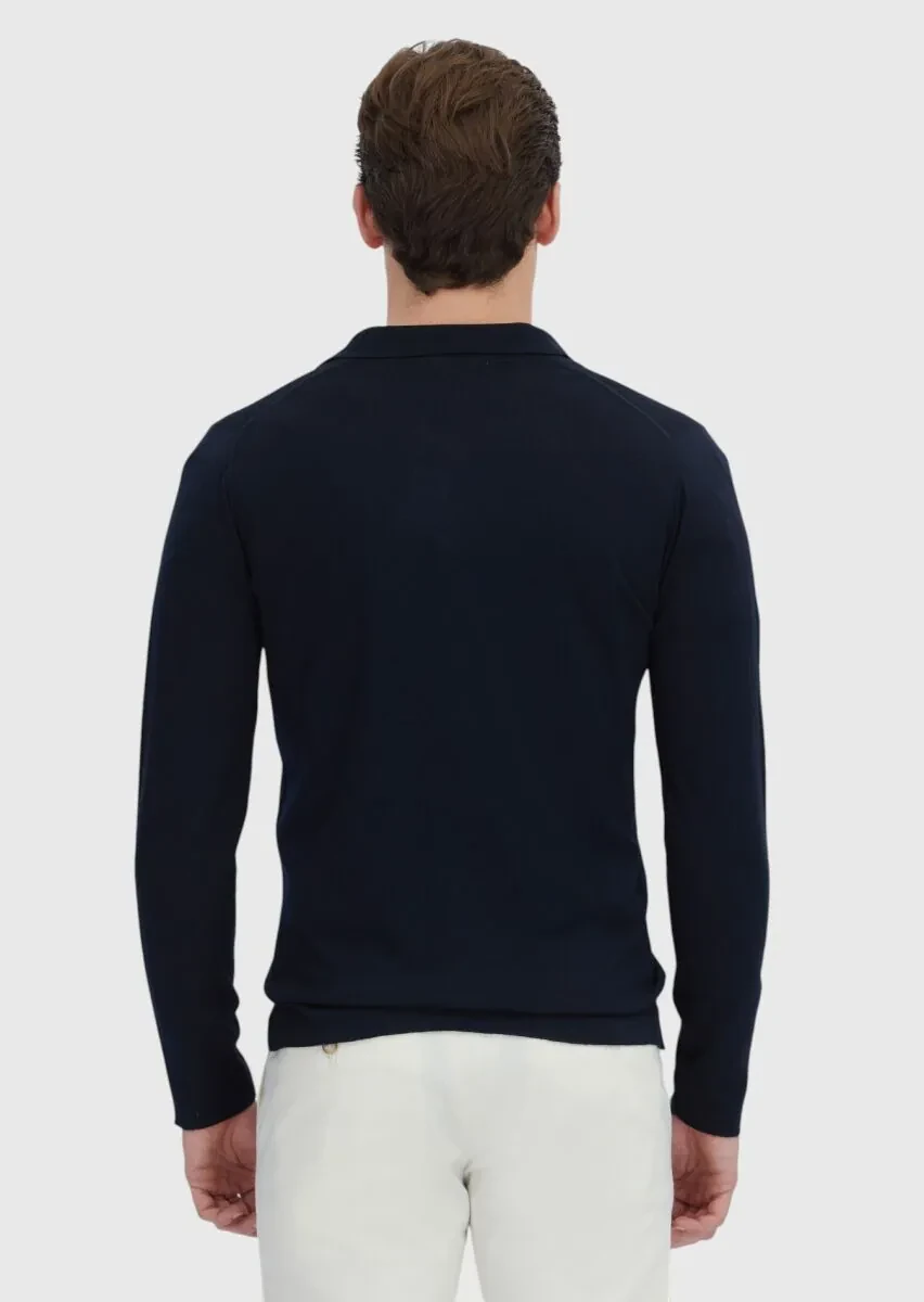 Navy Blue Polo Neck Plain Knitting Wool Blended Cardigan - 6