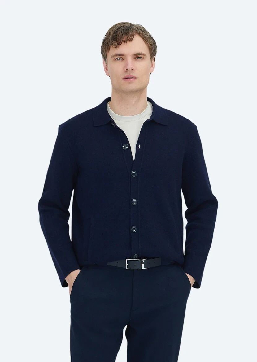 Navy Blue Polo Neck Plain Knitting Wool Blended Cardigan - RAMSEY