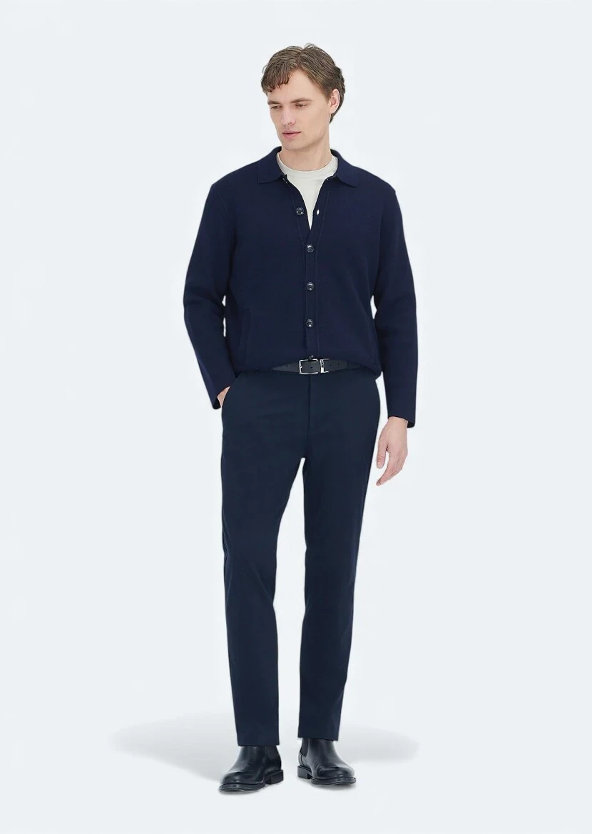 Navy Blue Polo Neck Plain Knitting Wool Blended Cardigan - RAMSEY